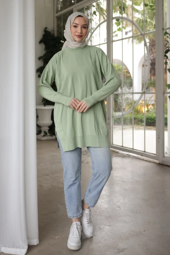 Su Yeşili Bisiklet Yaka Soğuk İplik Triko Tunik