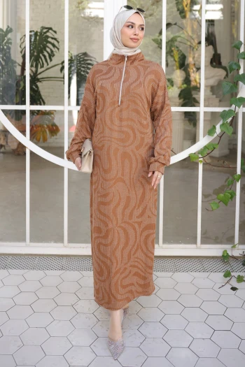 Taba Yarım Fermuarlı Fitilli Desenli Elbise