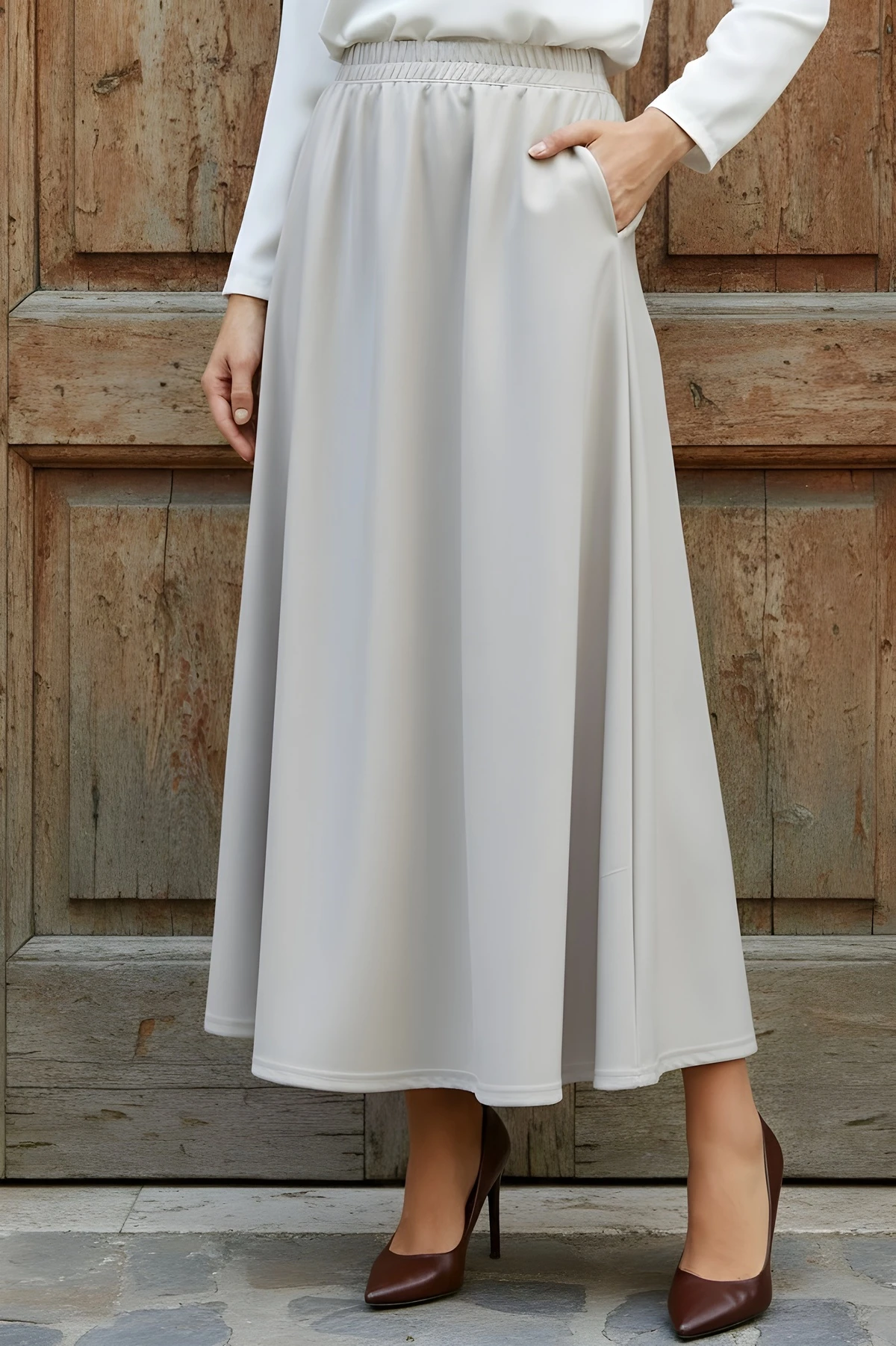 Taş Bel Lastikli Cepli Kloş Etek