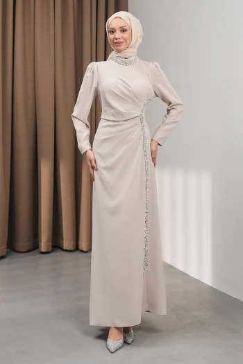 Taş Büyük Beden Önü Drapeli Taşlı Abiye