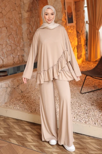 Taş Eteği Fırfırlı Tunik Pantolonlu Modal Takım