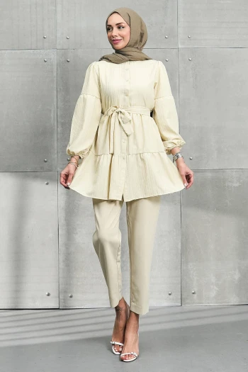 Taş Kol Lastikli Eteği Katlı Tunik