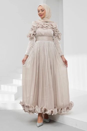 Taş Yaka Ve Etek Ucu Fırfırlı Işıltılı Abiye