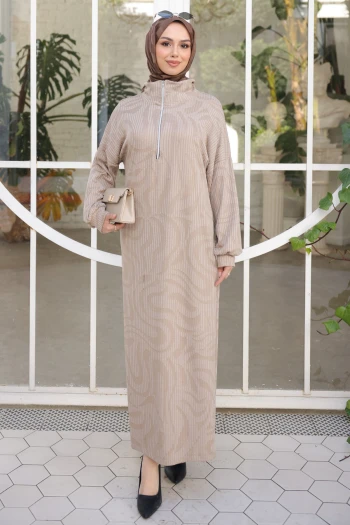 Taş Yarım Fermuarlı Fitilli Desenli Elbise