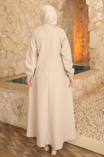 Taş Yeleği Düğmeli Yandan Bağlamalı Dabıl Elbise Takım