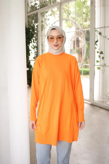 Turuncu Bisiklet Yaka Soğuk İplik Triko Tunik