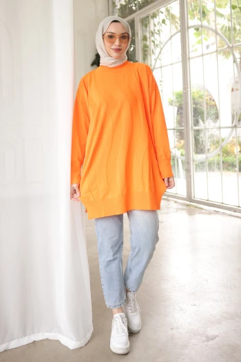 Turuncu Bisiklet Yaka Soğuk İplik Triko Tunik