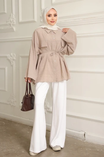 Vizon Çizgili Oversize İp Bağlamalı Gömlek