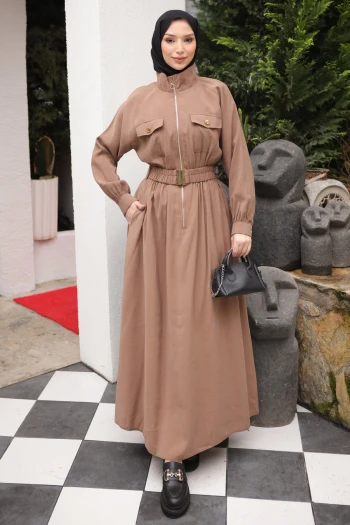 Vizon Fermuarlı Lastik Kemerli Elbise