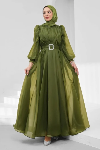 Yağ Yeşili Balon Kol Drapeli Abiye
