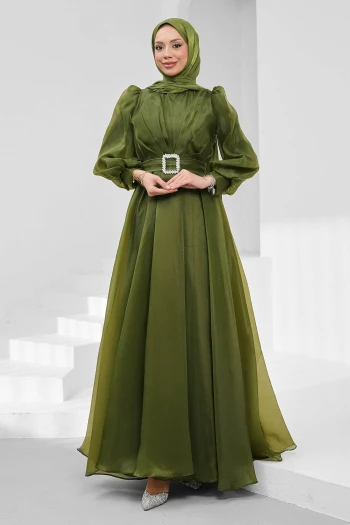 Yağ Yeşili Balon Kol Drapeli Abiye