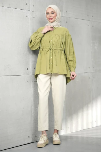 Yağ Yeşili Bel Bağlamalı Modal Salaş Tunik