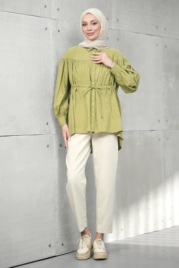 Yağ Yeşili Bel Bağlamalı Modal Salaş Tunik
