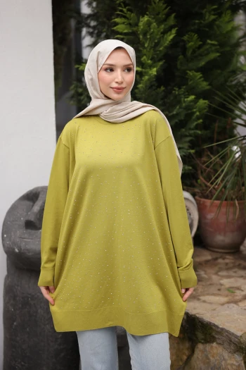 Yağ Yeşili Bisiklet Yaka Taş İşlemeli Tunik
