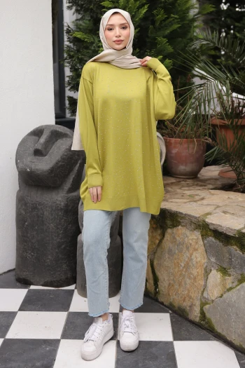 Yağ Yeşili Bisiklet Yaka Taş İşlemeli Tunik