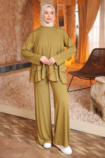 Yağ Yeşili Eteği Fırfırlı Tunik Pantolonlu Modal Takım
