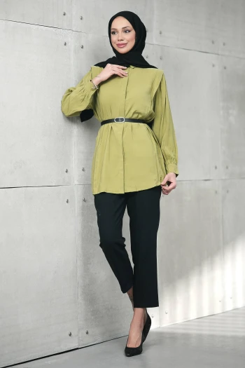 Yağ Yeşili Gizli Patlı Belden Kemerli Modal Dokuma Tunik