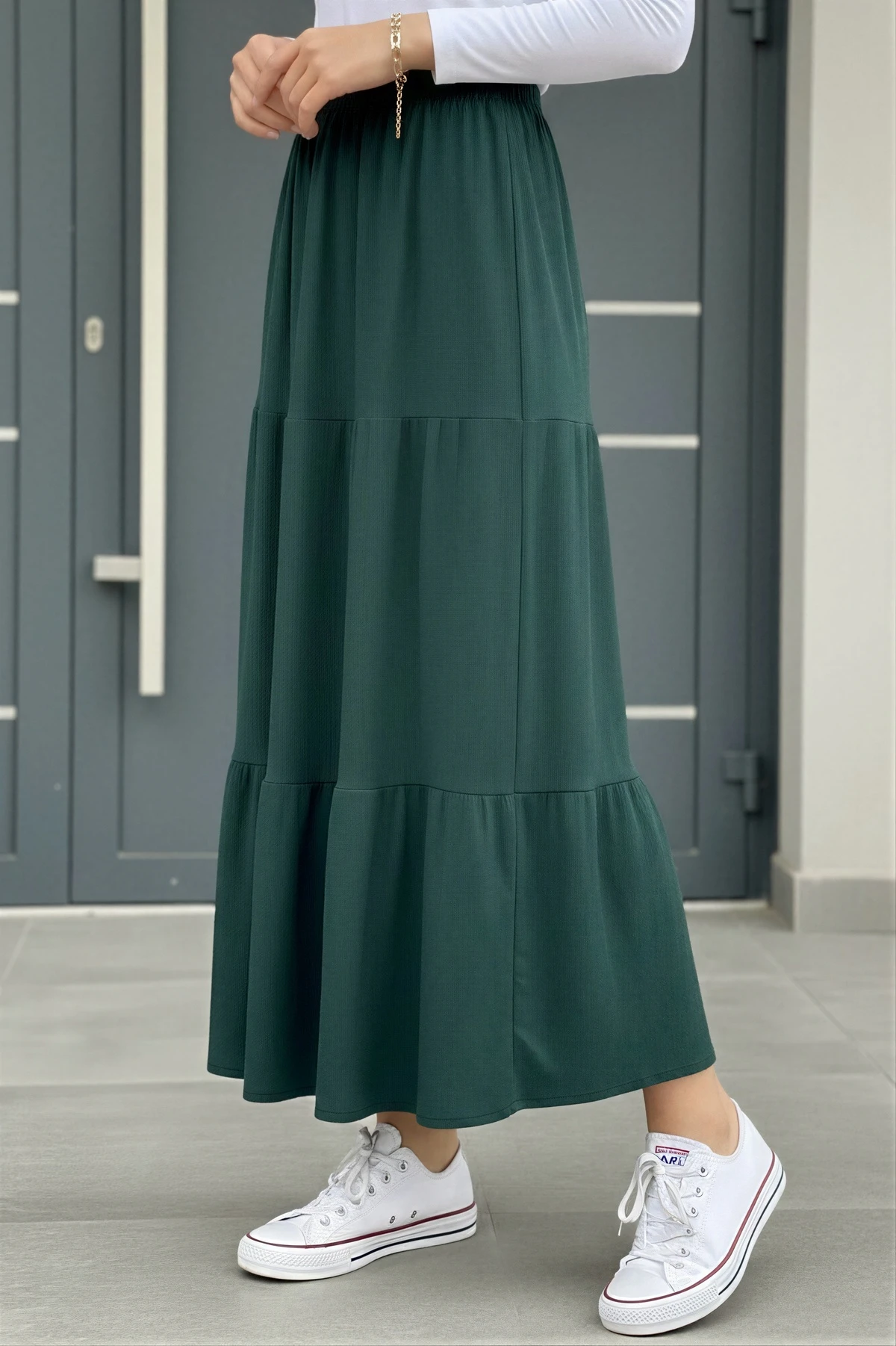 Zümrüt Yeşili Eteği Katlı Bel Lastikli Bürümcük Etek