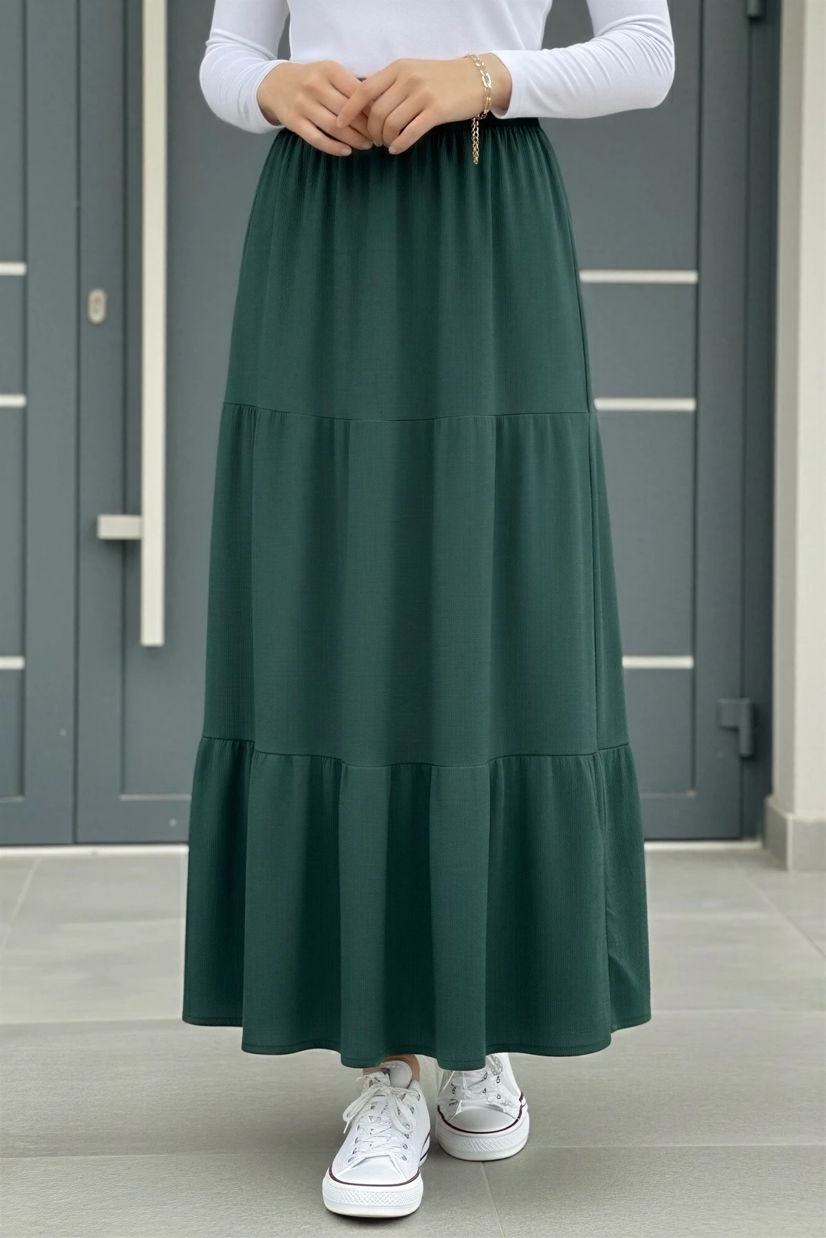 Zümrüt Yeşili Eteği Katlı Bel Lastikli Bürümcük Etek