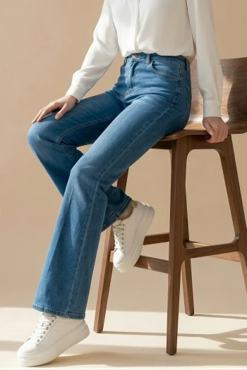 Açık Mavi Yüksek Bel İspanyol Paça Jeans Pantolon