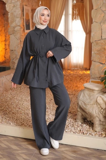 Antrasit Bel Bağlamalı Gömlek Pantolonlu Takım