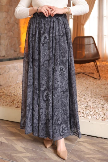 Antrasit Bel Lastikli Astarlı Şifon Etek