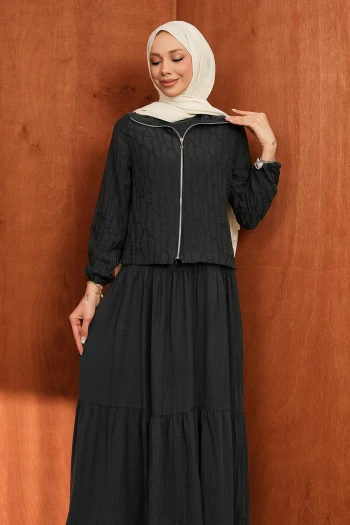 Antrasit Fermuarlı Ceket Eteği Katlı Jile Takım