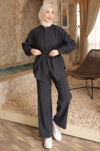 Antrasit Gizli Düğmeli Pantolonlu Modal Takım