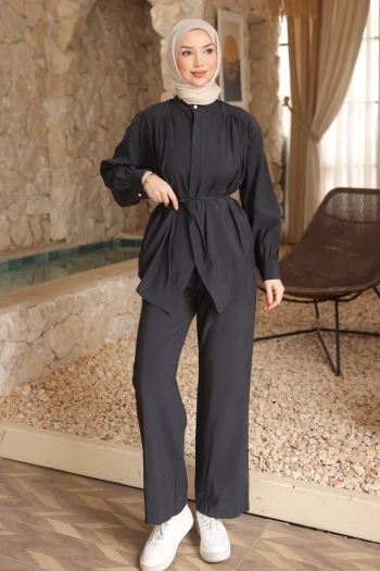 Antrasit Gizli Düğmeli Pantolonlu Modal Takım
