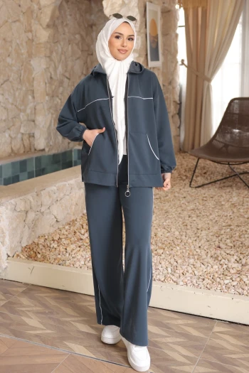 Antrasit Kapüşonlu Fermuarlı Sweat Hırka Pantolonlu Takım