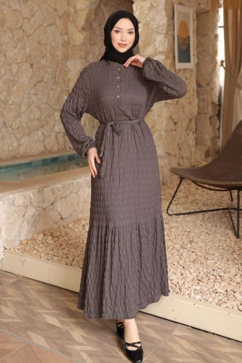 Antrasit Kol Lastikli Düğmeli Bel Bağlamalı Gofre Elbise