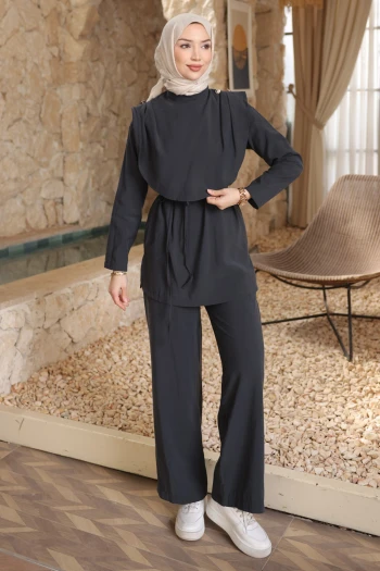 Antrasit Omuz Düğmeli Bel Kuşaklı Pantolonlu Takım