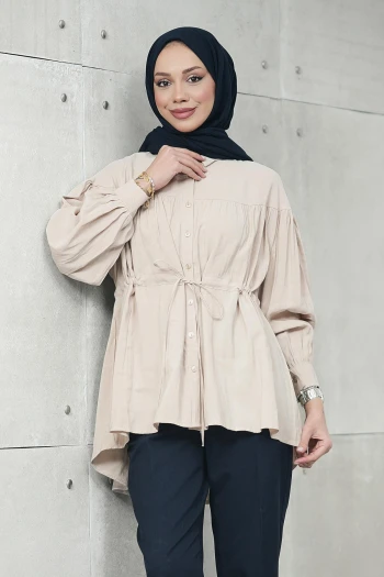Bej Bel Bağlamalı Modal Salaş Tunik