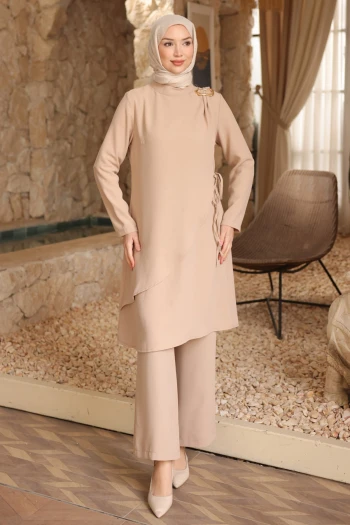 Bej Bel Bağlamalı Tunik Pantolonlu Takım