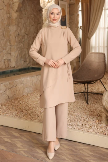 Bej Bel Bağlamalı Tunik Pantolonlu Takım