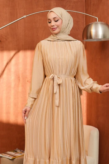 Bej Bel Kuşaklı Tül Detaylı Elbise