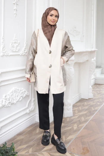 Bej Fermuarlı Detaylı Tunik Pantolonlu Takım