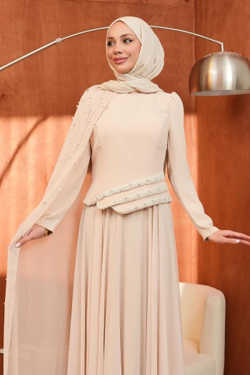 Bej İnci İşlemeli Pelerinli Abiye