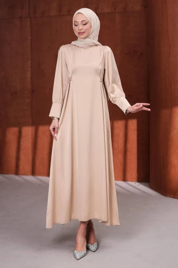 Bej Kol Düğmeli Beli Kuşaklı Saten Abiye