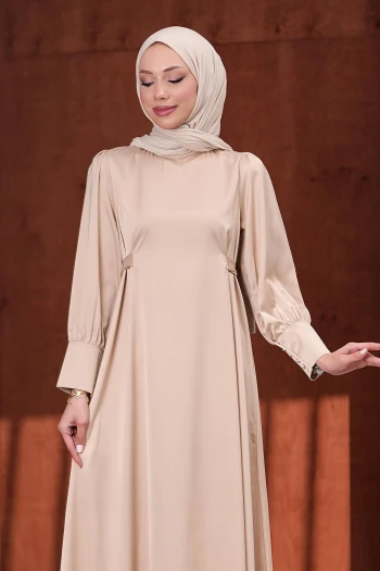 Bej Kol Düğmeli Beli Kuşaklı Saten Abiye