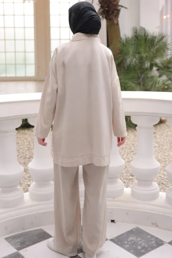Bej Yaka Fermuarlı Taş Detaylı Tunik Pantolonlu Takım