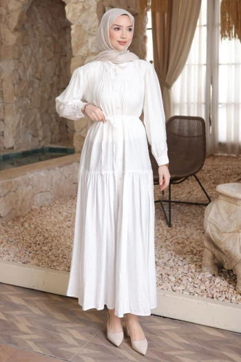 Beyaz Eteği Katli Düğmeli Elbise