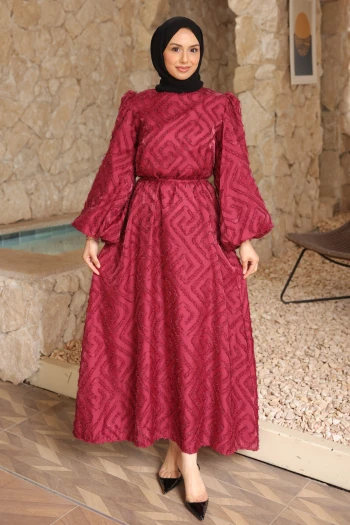 Bordo Balon Kol Kuşaklı Elbise