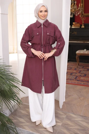 Bordo Bel Kuşaklı Çift Cepli Gabria Kap