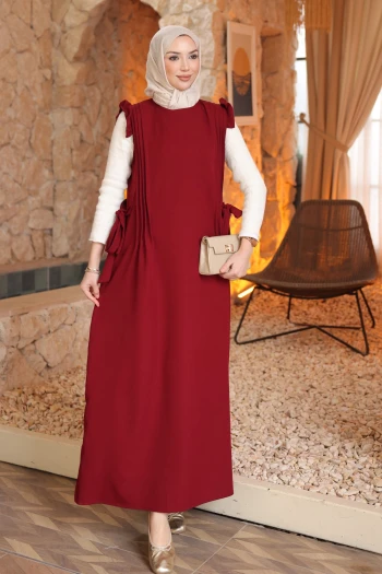 Bordo Bel Kuşaklı Kolları Fırfırlı Elbise