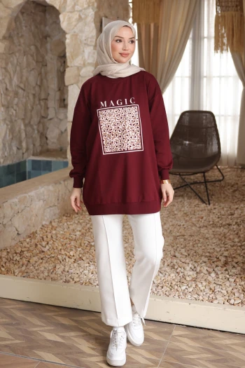 Bordo Bisiklet Yaka Baskılı Sweat