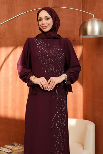 Bordo Bisiklet Yaka Taş İşlemeli Abiye