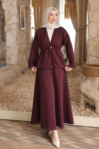 Bordo Düğmeli Lastikli Ceket Etekli Takım