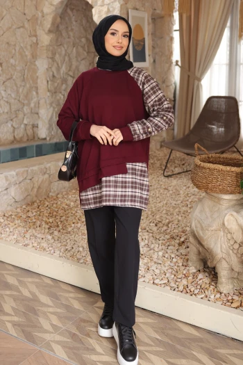 Bordo Ekose Garnili Modal Tunik