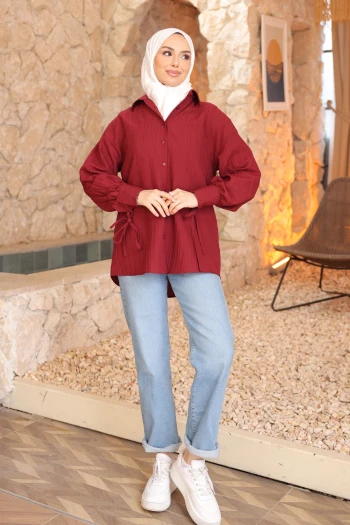 Bordo Kol Bağlamalı Düğmeli Gömlek